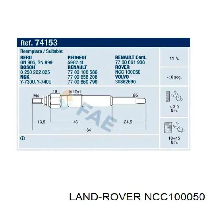 NCC100050 Land Rover bujía de precalentamiento