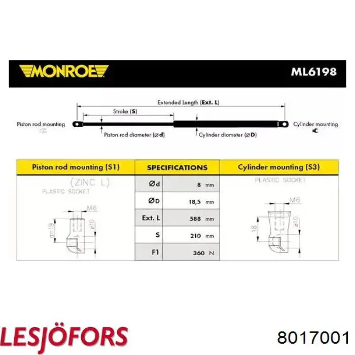 8017001 Lesjofors muelle neumático, capó de motor