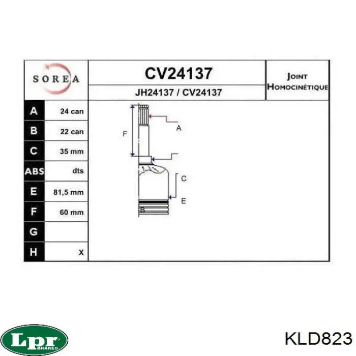 KLD823 LPR junta homocinética interior delantera