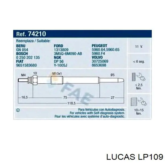Bujía de precalentamiento Lucas LP109