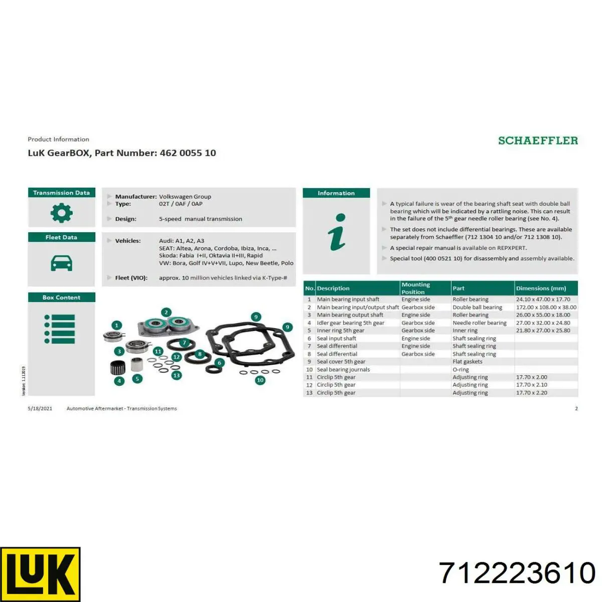 Cojinete Del Eje De Entrada De La Caja De Engranajes Volkswagen Passat 3C2