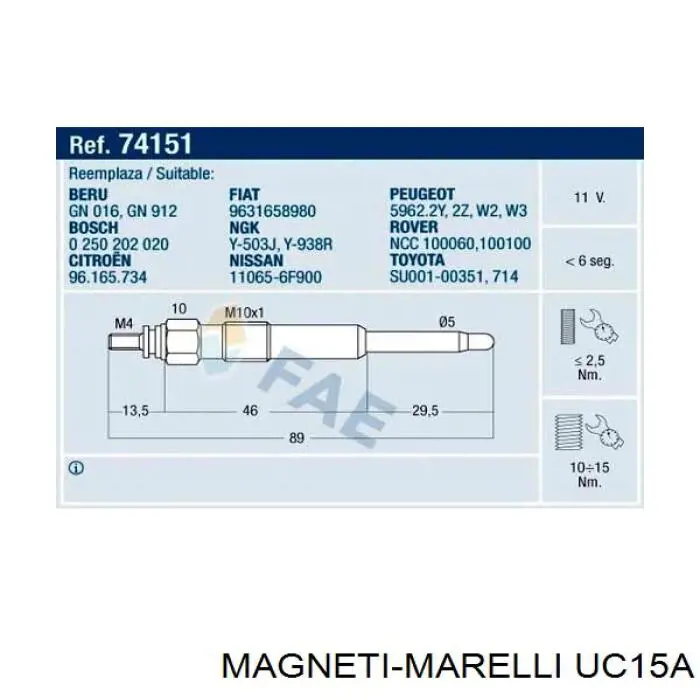 UC15A Magneti Marelli bujía de precalentamiento