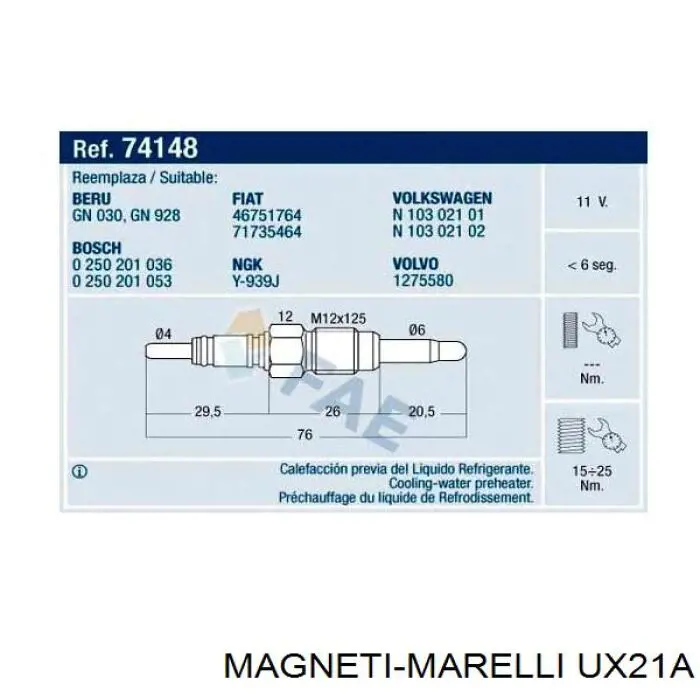 Bujías incandescentes Magneti Marelli UX21A precio, desde 14,79 EUR