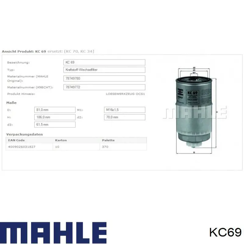 KC69 Mahle Original filtro combustible