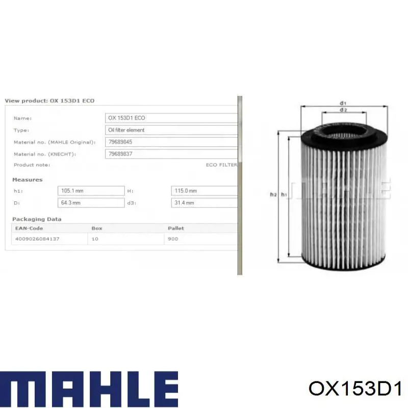 Filtro de aceite OX153D1 Mahle Original
