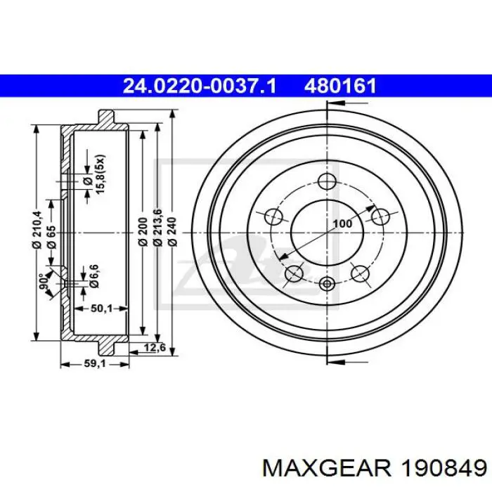 Tambor de freno trasero 190849 Maxgear