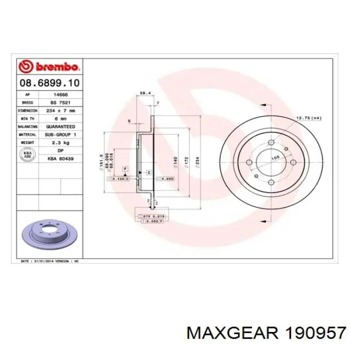 19-0957 Maxgear disco de freno trasero