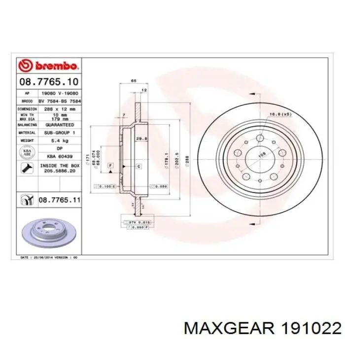 19-1022 Maxgear disco de freno trasero