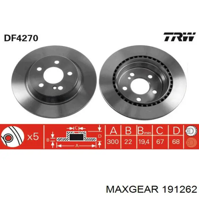 19-1262 Maxgear disco de freno trasero