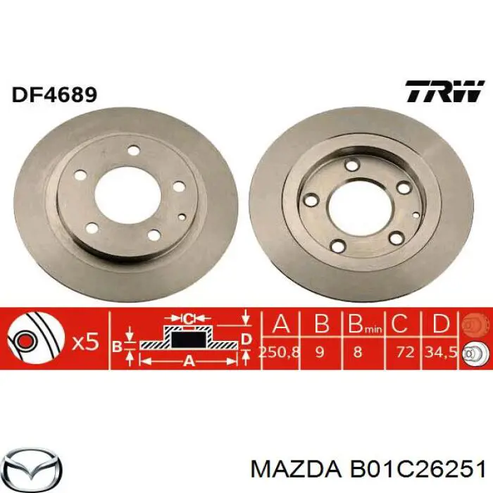 B01C26251 Mazda disco de freno trasero