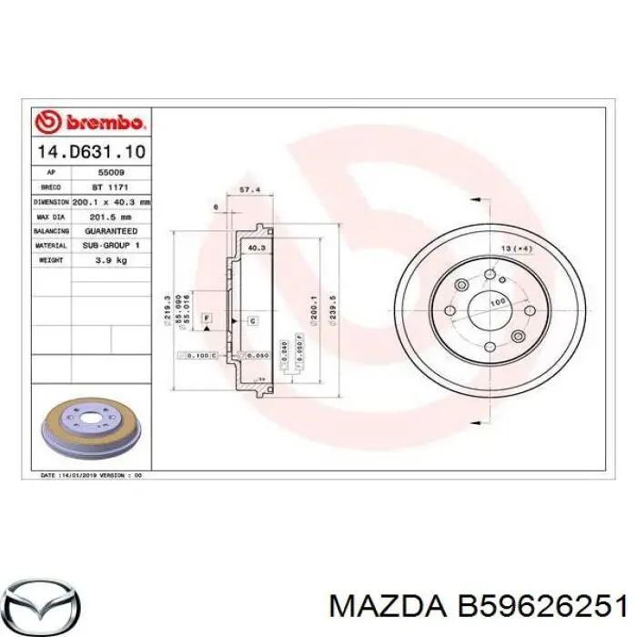 Tambor de freno trasero Mazda B59626251