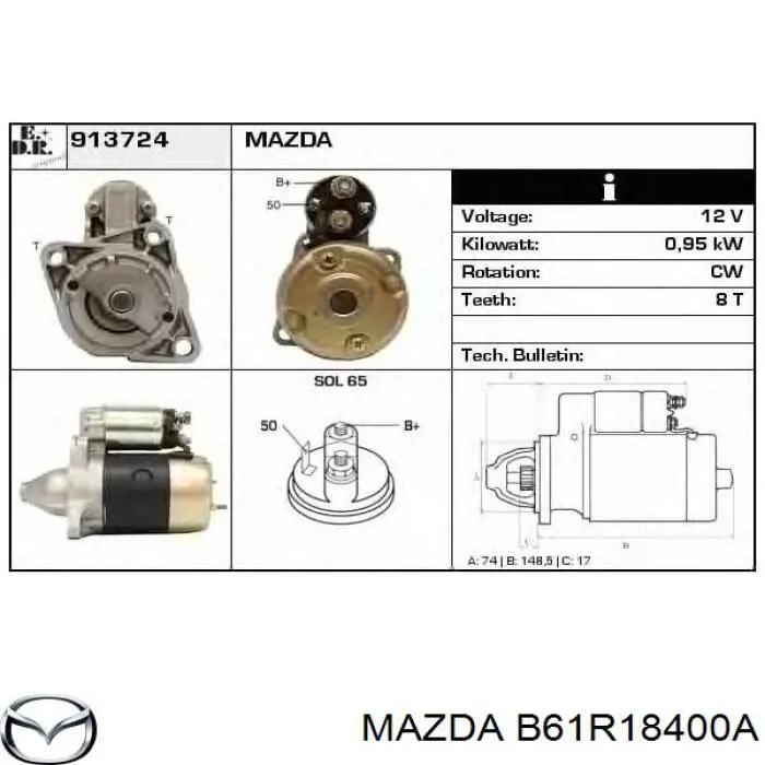 B61R18400A Mazda motor de arranque
