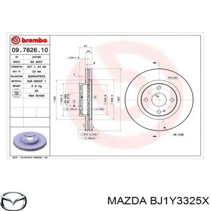 Disco de freno BJ1Y3325X Mazda