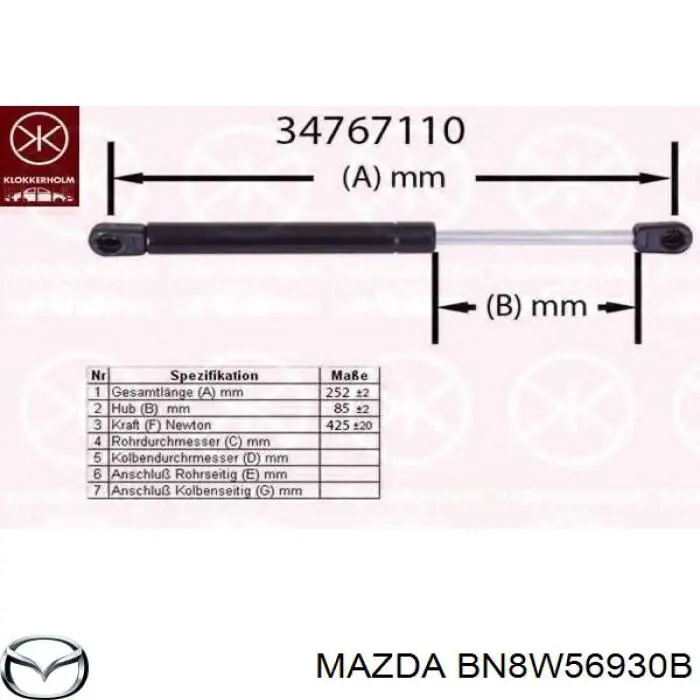 Amortiguador de maletero Mazda BN8W56930B precio, desde 10,10 EUR