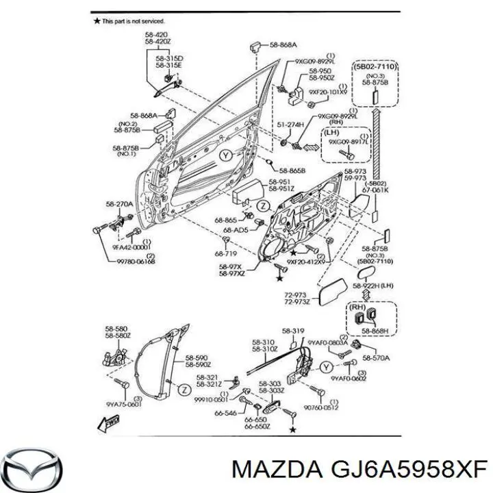 GJ6A5958XF Mazda motor eléctrico, elevalunas, puerta delantera