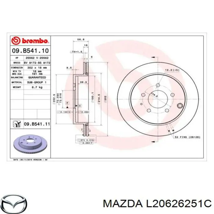 Disco de freno trasero Mazda L20626251C precio, desde 53,32 EUR
