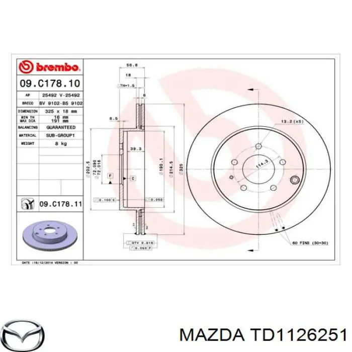 TD1126251 Mazda disco de freno trasero