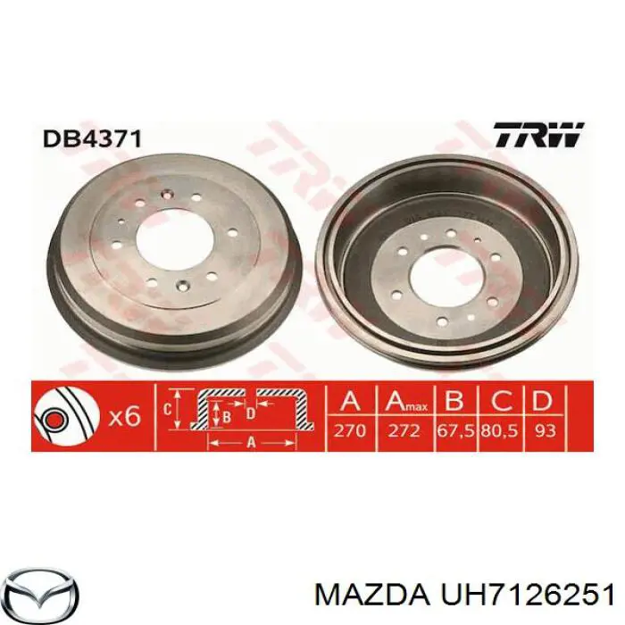 Tambor de freno trasero Mazda UH7126251 precio, desde 49,29 EUR