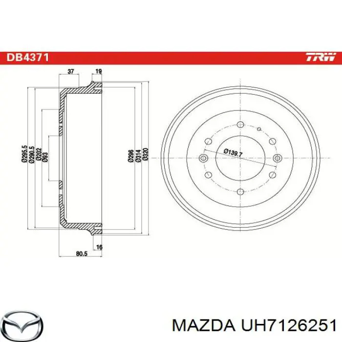 Tambor de freno trasero UH7126251 Mazda