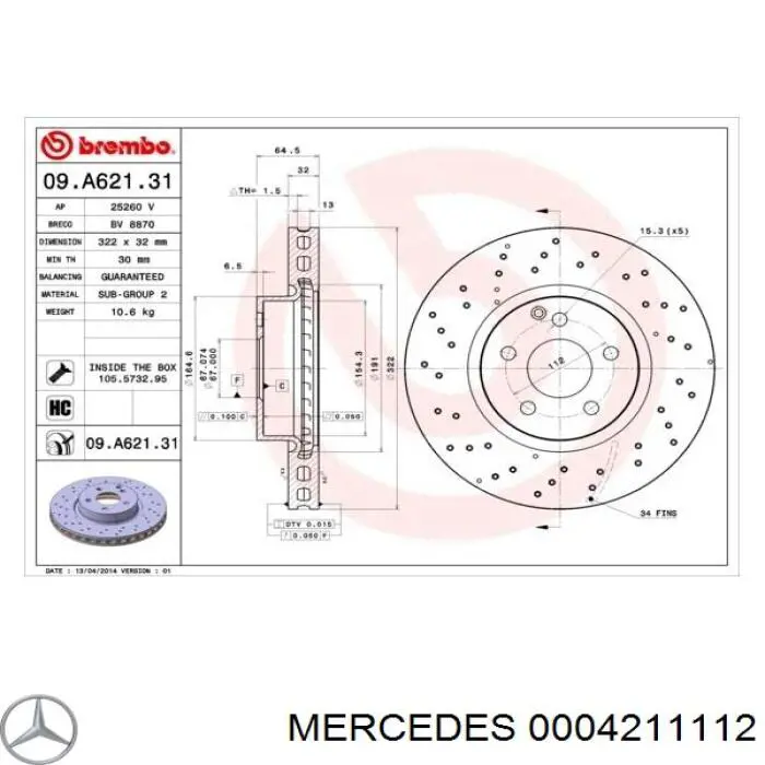 000 421 11 12 Mercedes disco de freno delantero
