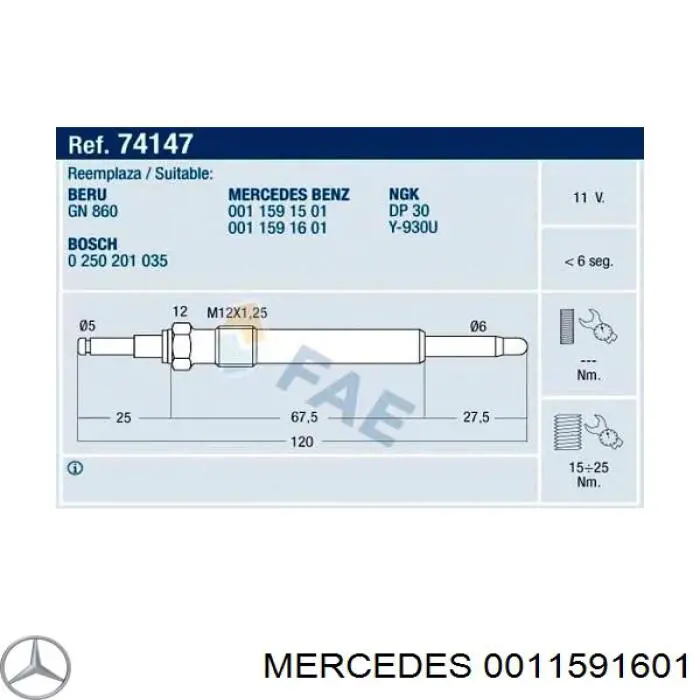 Bujías incandescentes Mercedes 0011591601 precio, desde 7,18 EUR