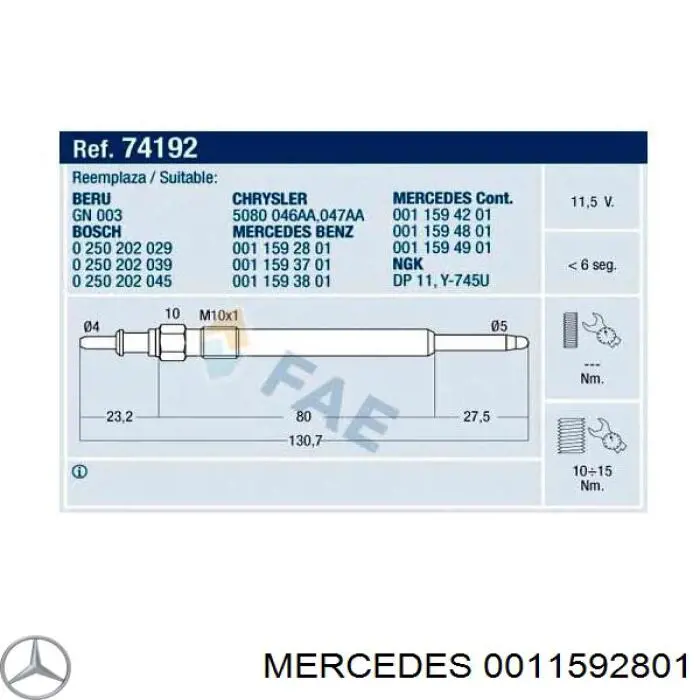 Bujía de precalentamiento 0011592801 Mercedes