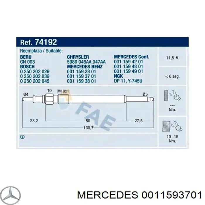 0011593701 Mercedes bujía de precalentamiento