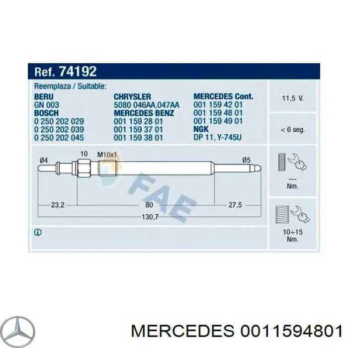 Bujía de precalentamiento 0011594801 Mercedes