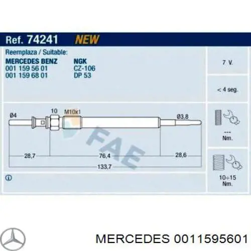 Bujía de precalentamiento 0011595601 Mercedes