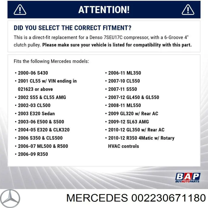 002230671180 Mercedes compresor de aire acondicionado