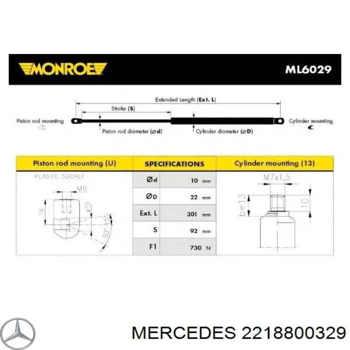 2218800329 Mercedes muelle neumático, capó de motor