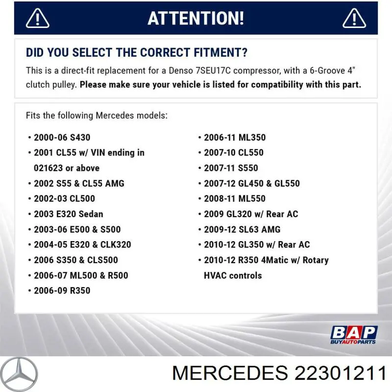 22301211 Mercedes compresor de aire acondicionado