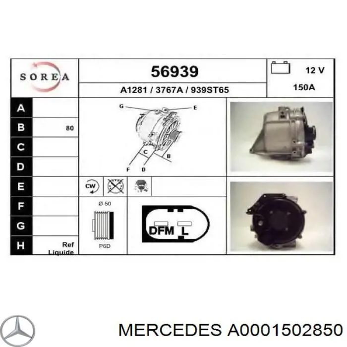 Alternador del motor Mercedes A0001502850 precio, desde 366,81 EUR