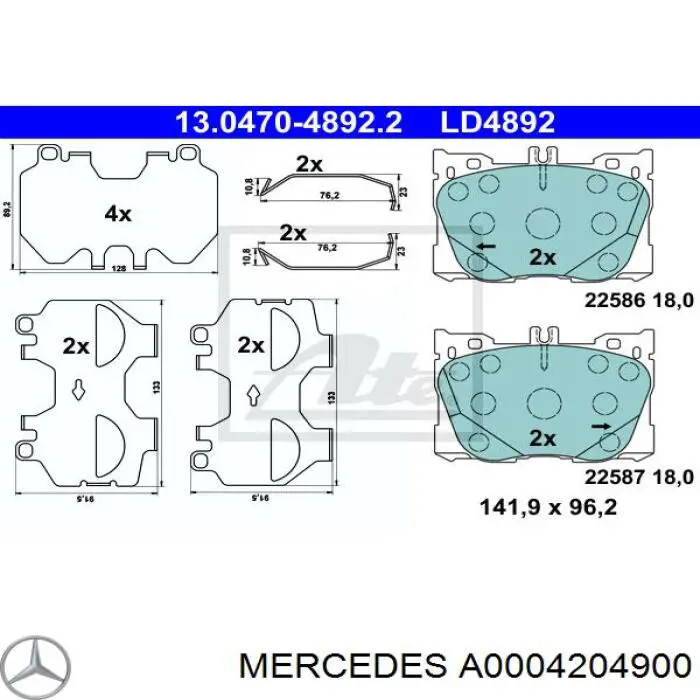 Pastillas de freno delanteras Mercedes A0004204900