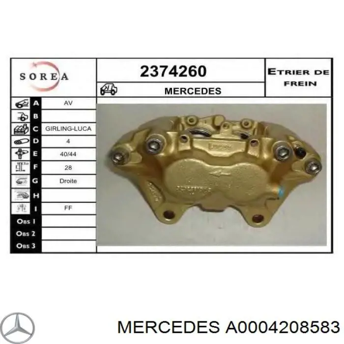 Pinza de freno delantera derecha Mercedes A0004208583 precio, desde 88,57 EUR