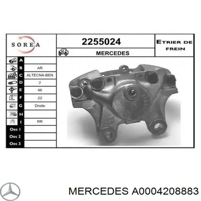 Comprar A0004208883 Mercedes Pinza de freno trasera derecha