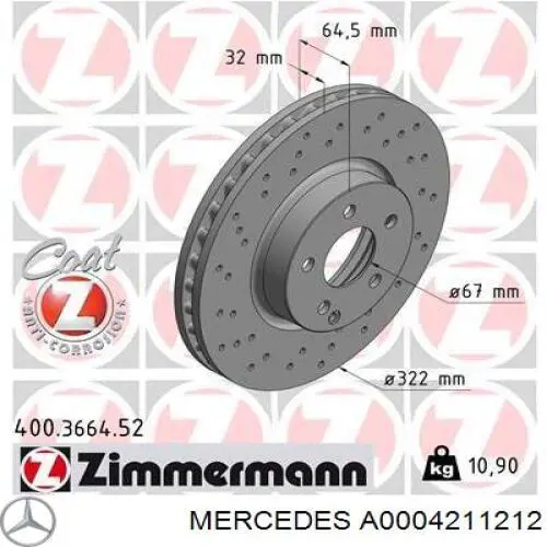 A0004211212 Mercedes disco de freno delantero