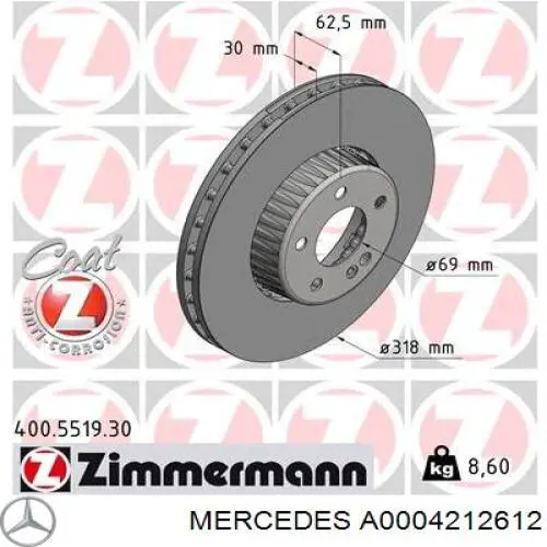 Comprar A0004212612 Mercedes Freno de disco delantero