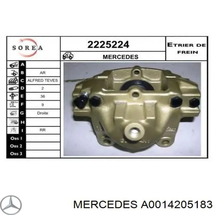 Comprar A0014205183 Mercedes Pinza de freno trasera derecha