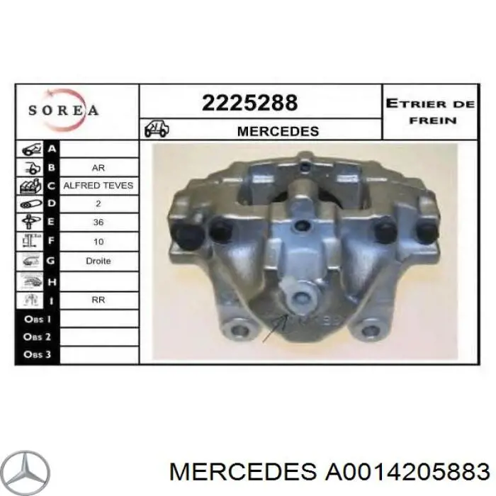 Pinza de freno trasera derecha Mercedes A0014205883 precio, desde 58,08 EUR