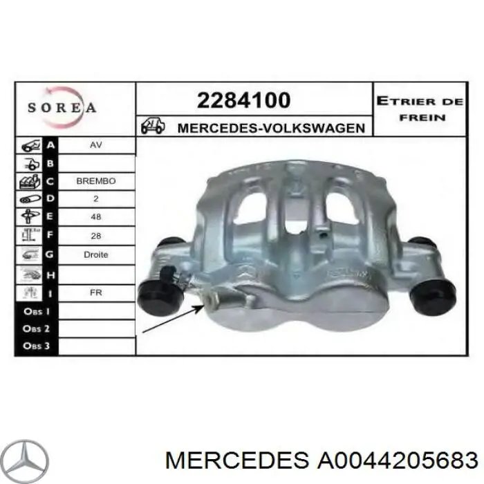 Pinza de freno delantera derecha Mercedes A0044205683 precio, desde 78,92 EUR