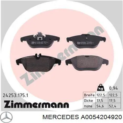 Pastillas traseras Mercedes A0054204920