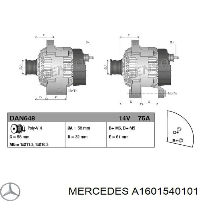 Alternador del motor Mercedes A1601540101 precio, desde 100,19 EUR