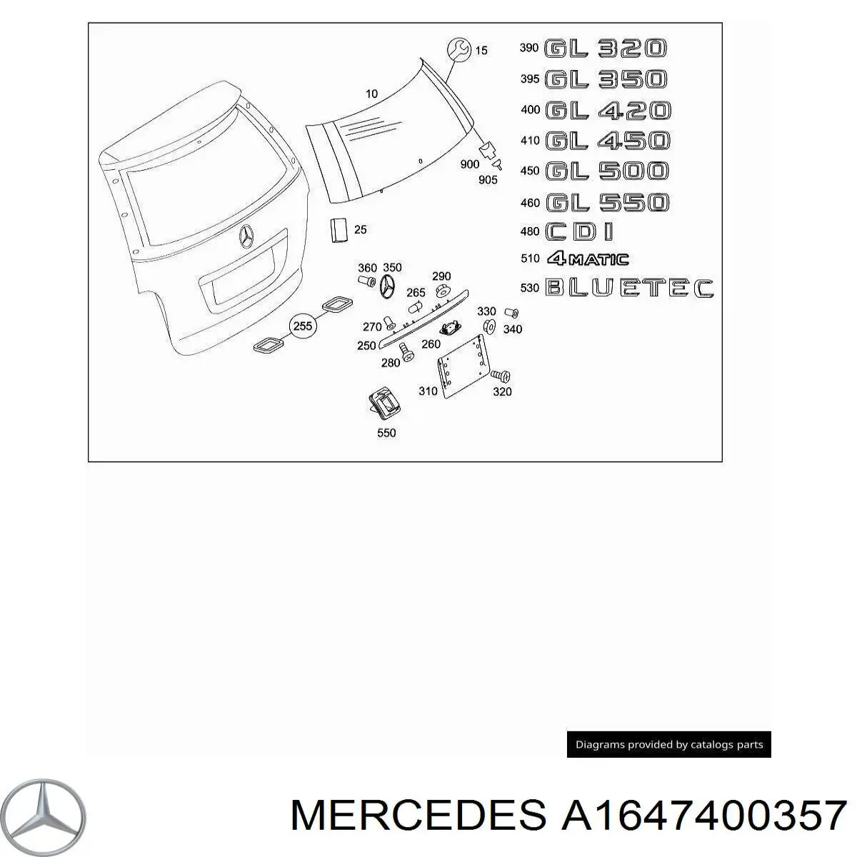 A1647401257 Mercedes cristal de el maletero, 3/5 puertas traseras (trastes)