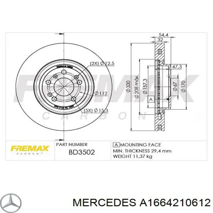 Comprar A1664210612 Mercedes Freno de disco delantero