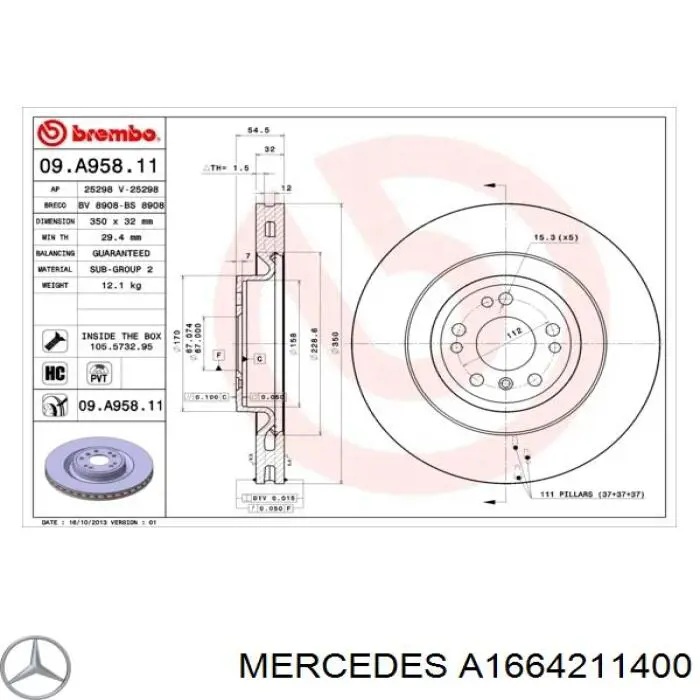 A1664211400 Mercedes disco de freno delantero