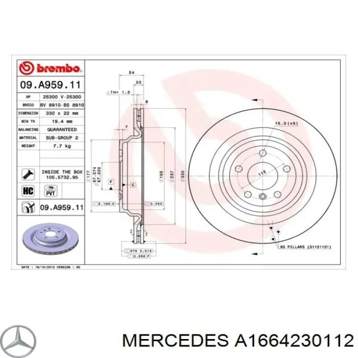 Disco de freno trasero Mercedes A1664230112 precio, desde 75,37 EUR