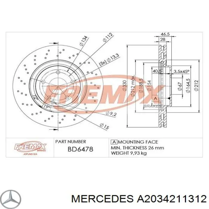 Comprar A2034211312 Mercedes Freno de disco delantero