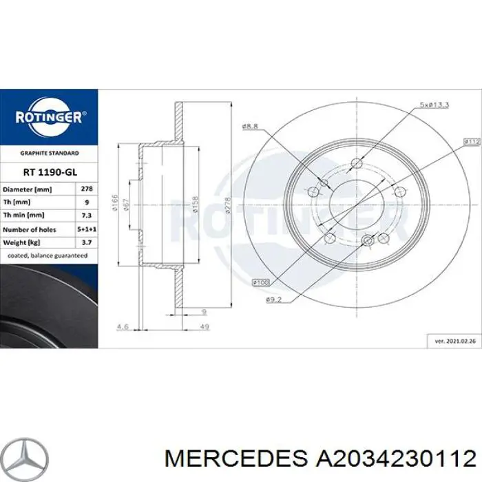 Disco de freno trasero A2034230112 Mercedes