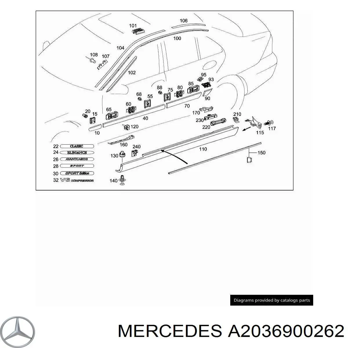 A20369002629999 Mercedes moldura de guardabarro delantero derecho